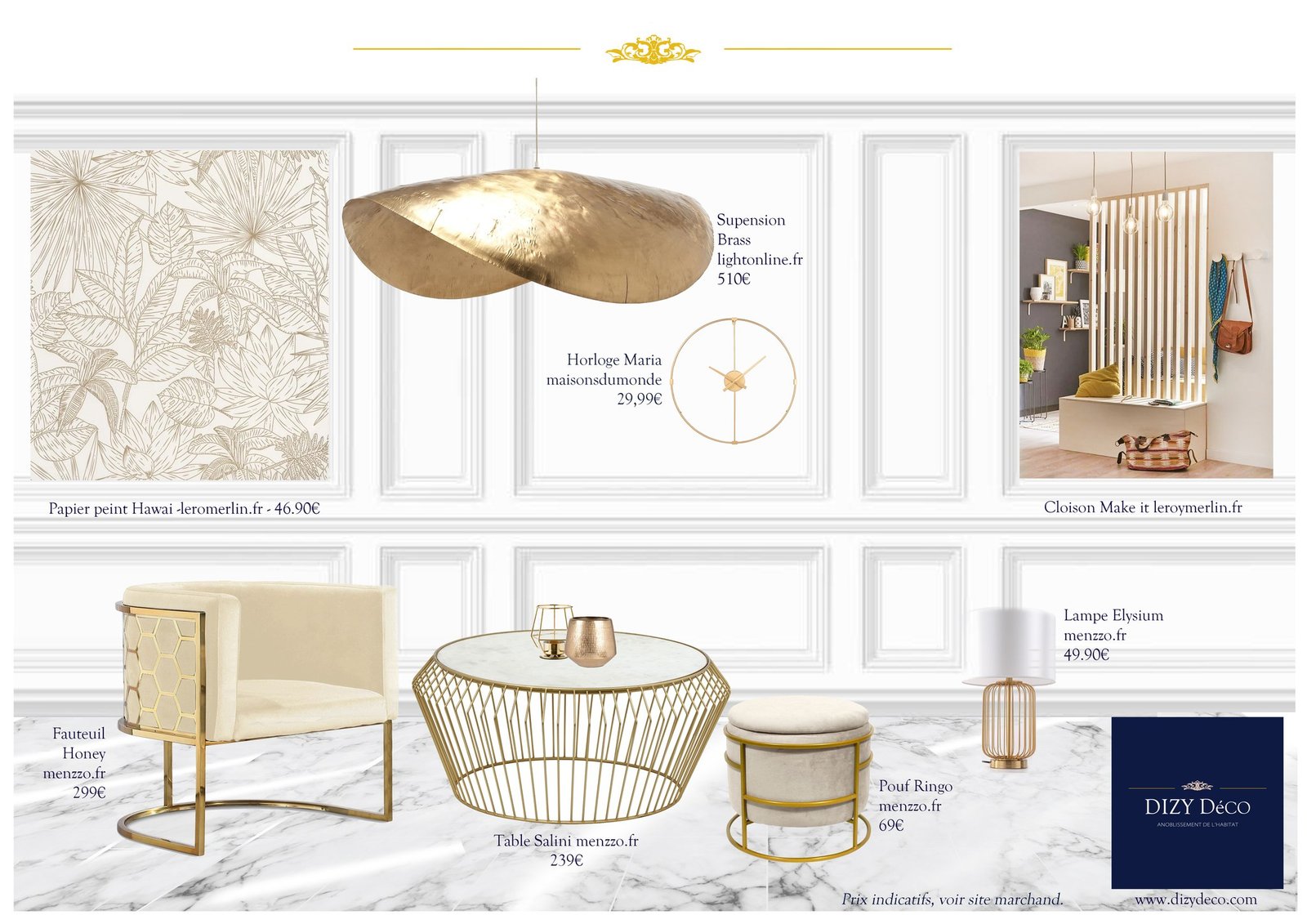 Une planche d'ambiance chic et lumineuse que j'ai imaginée autour du beige, de l'or et du marbre ✨

J'ai eu envie d'associer des lignes géométriques très élégantes à des matières plus douces pour créer une atmosphère raffinée et chaleureuse :
• Le fauteuil Honey et la table Salini pour la touche dorée et graphique
• Le pouf Ringo en velours pour apporter de la douceur
• La suspension Brass, véritable pièce maîtresse qui vient draper l'espace de lumière
• Et le papier peint aux motifs végétaux doux pour donner du relief à l'ensemble

Pour retrouver les références ou découvrir le projet en détail, rendez-vous sur le site ou via le lien dans la bio.

#dizydeco #planchedambiance #decorationinterieur #inspirationdeco #homedecor #designinterieur #salonchic #interiordesign