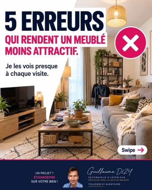 5 erreurs que je vois presque à chaque fois que je visite un meublé.
Et ce ne sont pas des erreurs de goût. Le salon peut être joli, ça ne suffit pas.

Un meublé, quelqu'un va y vivre. Il va poser ses valises, chercher où ranger ses affaires, allumer la lumière le soir en rentrant du boulot. Si rien n'a été pensé pour ça il ne reste pas longtemps, et le propriétaire relance une annonce.

La plus fréquente ? Le canapé trop grand. En magasin il a l'air parfait, une fois livré on ne passe plus dans le séjour.

Vous en reconnaissez une chez vous ? Dites-moi laquelle en commentaire.
Et si vous avez un bien vide à meubler sur Toulouse, écrivez-moi, on en parle.