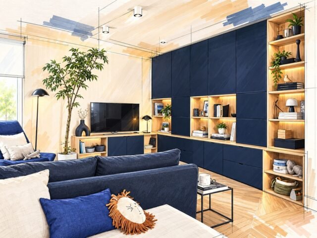 Un mur bleu nuit, des étagères en bois tout autour de la télé et un canapé dans le même bleu.

Sur le croquis ça peut paraître beaucoup. Mais dans un séjour, une couleur profonde sur un seul pan de mur donne plus de caractère que trois cadres posés au hasard. Le bois clair et les plantes font le reste, et la pièce ne paraît pas plus petite pour autant.

#DécorationIntérieure #Décorateur #Toulouse #Séjour #Croquis